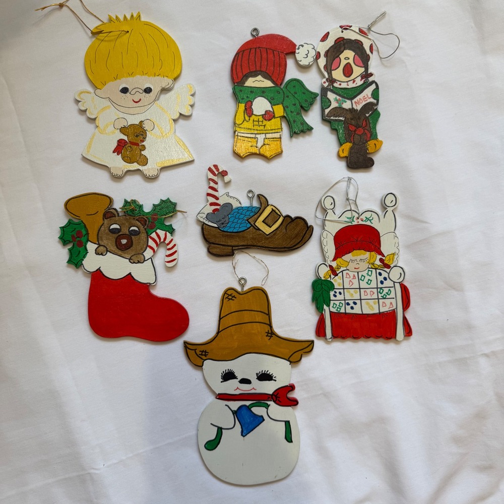 Vintage Hand Painted Wooden Christmas Ornaments Set of 7 Folk Art Holiday Decor